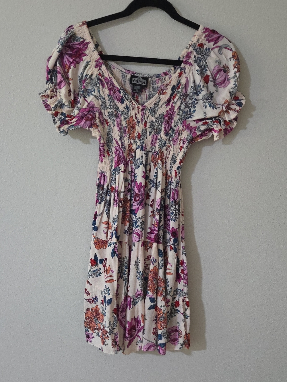 Angie Cream Floral Smocked Short Dress with Pink & Orange Flowers